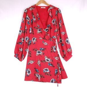 Glamorous Red Floral Wrap Dress‎ Long Sleeve Women M Ruffle Boho Cottagecore